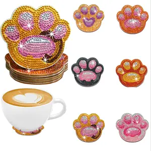 Dog Paw Pattern Diamond Art Painting Coaster Set, 6 Counts/set DIY Diamond Art Painting Coaster, DIY Decorative Coaster for Home Office Desk Diamond Painting Kits Rhinestone Painting