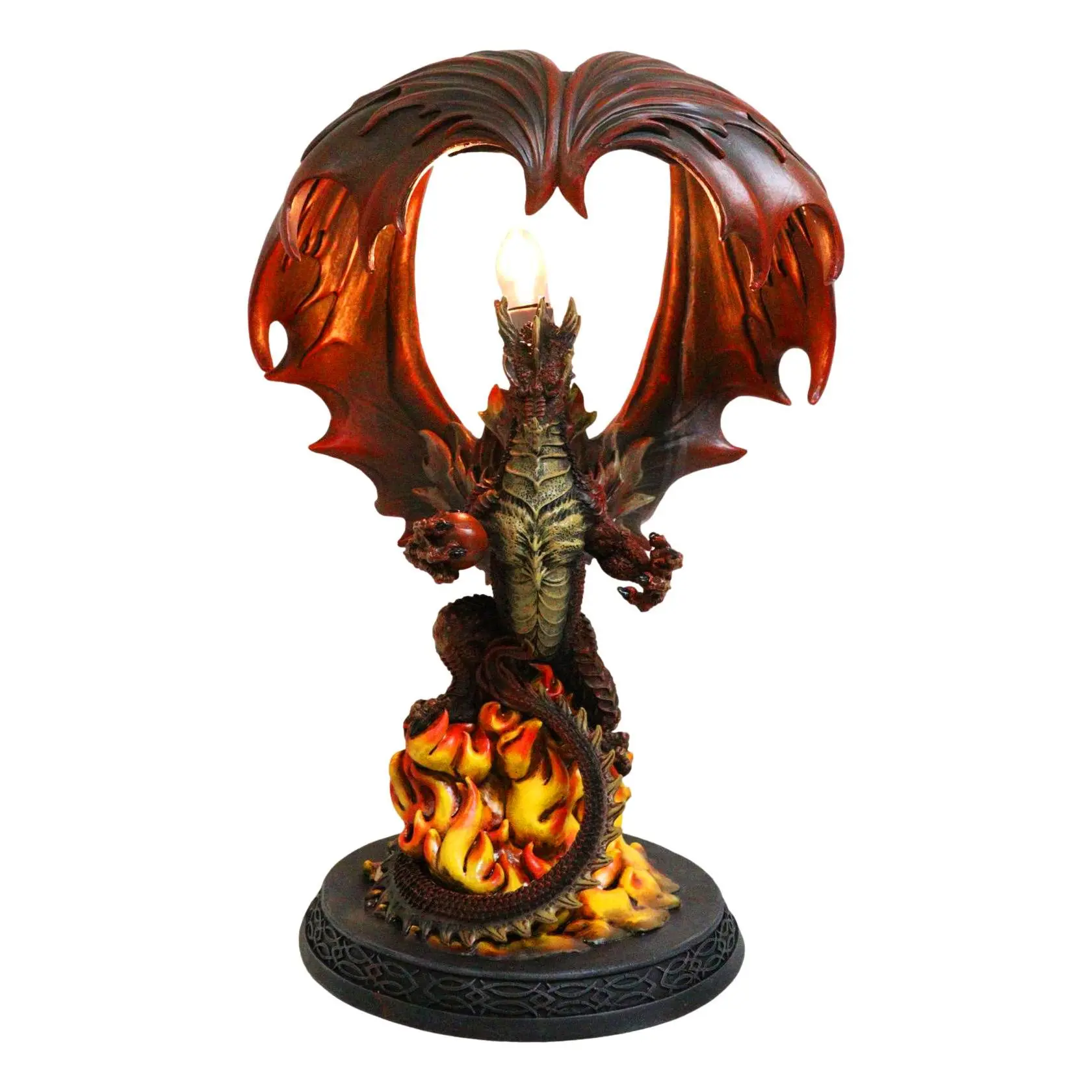 Red Hand-Painted Hell Fire Flame Volcano Dragon Table Lamp with Flame Base, Towering Canopy Wings Statue for Home Decor