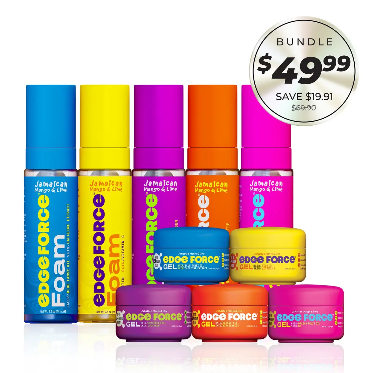 JAMAICAN MANGO & LIME EdgeForce Complete Collection – 10-Piece Edge Styling Set, 5 Foams + 5 Mini Edge Control Gels, Strong Hold, Smoothing & Shaping