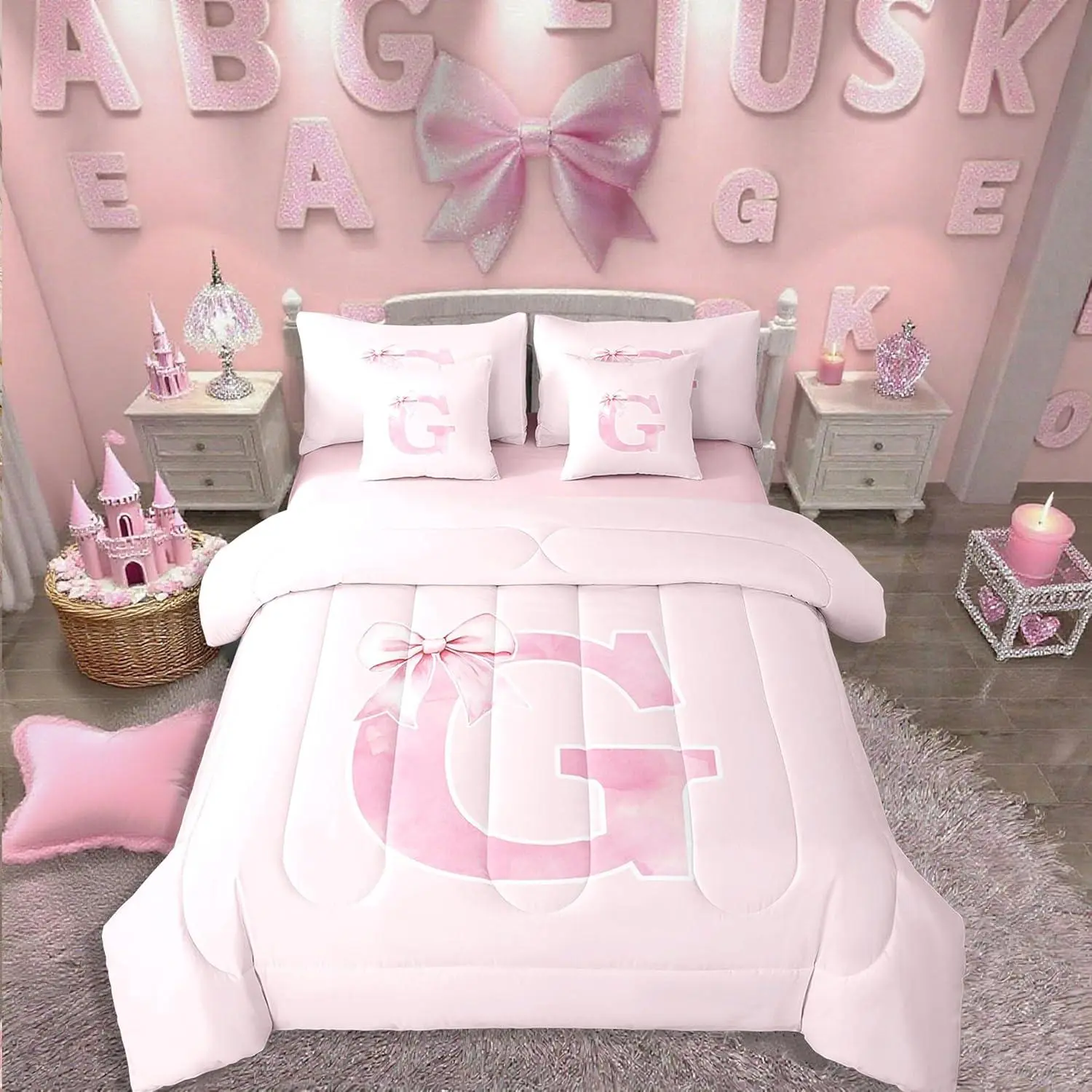 Feelyou 7-Piece Monogrammed Initial Letter G King/Queen Microfibre Bedding Sets Collections - Blush Pink Bowknot Bed-in-a-Bag, Breathable Durable Coquette Look, Multi-Size Option, Machine Washable, Gift for Daughters (Includes Pillows)