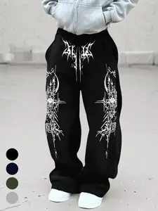 Gothic Dark Aesthetic Baggy Wide Leg Pants - Unisex Tribal Graphic Print Casual Streetwear Trousers - High Waisted Relaxed Fit Cargo-style Pants for Cyberpunk Look, Music Festivals & Urban Dance