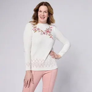 Nina Leonard Embroidered Long-Sleeve Chenille Sweater