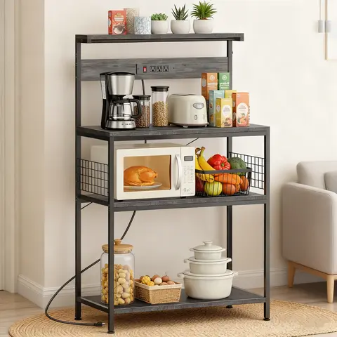 Sweetcrispy 4-Tier Freestanding Baker's Rack - Farmhouse Shabby Chic Floor Standing Multi-Part Adjustable Shelves Kitchen Furniture with Built-In Power Outlet, Anti-Tip Safety, 23.6in Dual-Purpose Spice Organizer, Small Space Solutions for Coffee Bar