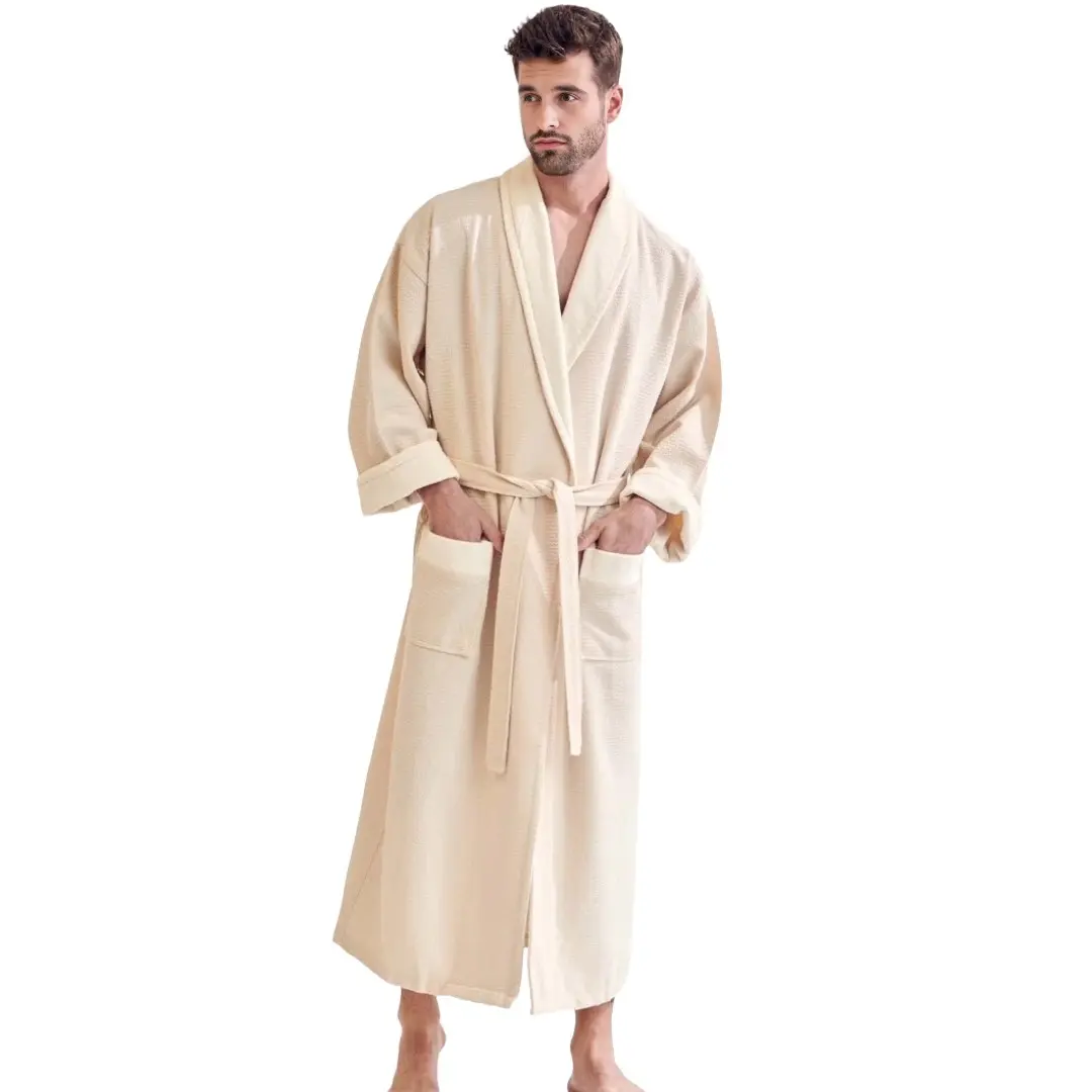 TowelSoft Unisex Men's Luxury 100% Cotton Waffle Bathrobe with Velour Shawl Collar, Deep Double-Stitched Pockets & Self-Fabric Belt - Menswear