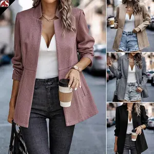 Women's Open Front Herringbone Blazer-Business Casual Long Sleeve Work Jacket with Full Lining and Padded Shoulders