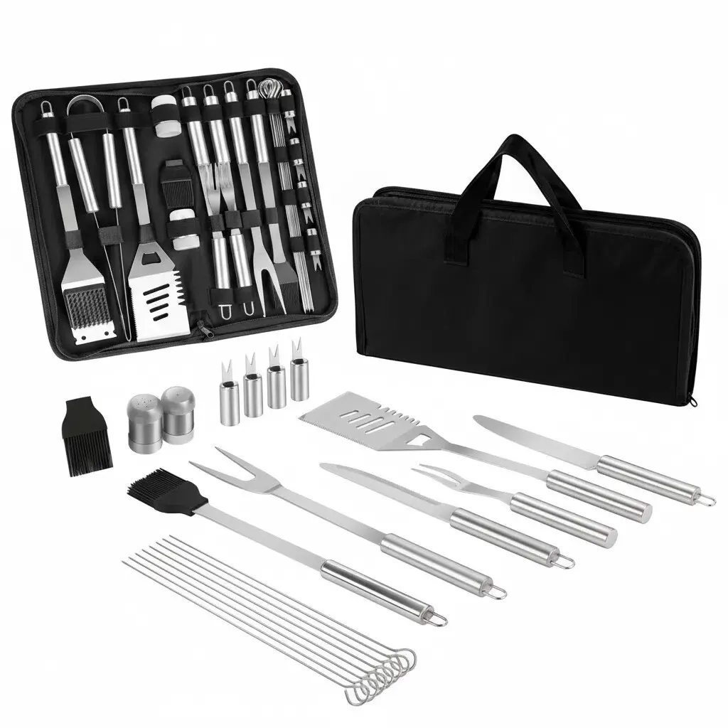 Heavy Duty Stainless Steel Barbecue Tool Set (24-Piece Durable Luxury Kit) with Spatula, Tong, Corn Holders, Grill Basting Brush, Cleaning Brush & Fabric Storage Bag - Versatile Kitchen & Outdoor Accessory, Heavy Duty Stainless Steel Barbecue Tool Sets