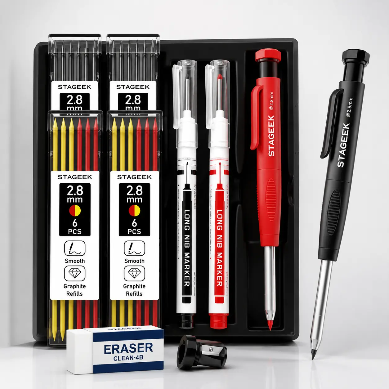 STAGEEK 2.8mm Carpenter Pencils with Sharpener, 2-Pack, Storage Case | 26 Refills, Deep Hole Long Nib Marker, Waterproof Heavy Duty Woodworking Tools for Architect Construction Electricians
