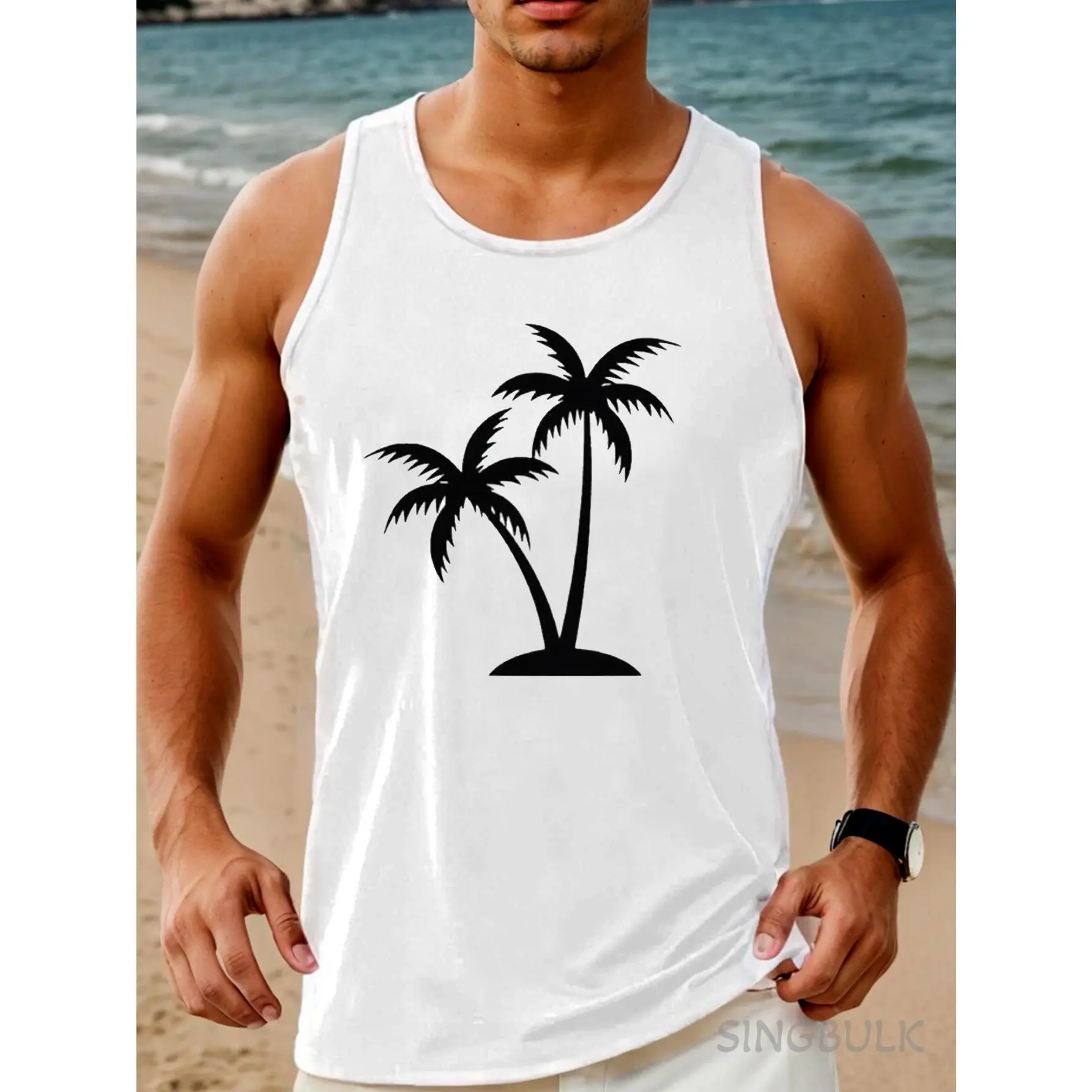 Palm Trees Print Tank Top, Men'S Cotton Comfy Sleeveless Tank Tops, Graphic Tank Tops Men'S Outdoor Clothes, Men'S Clothing, Casual Crew Neck Tank Tops For Men, Gift For Men