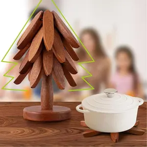 Natural Tree Trivet Set - 4 Solid Wood Trivets & 1 Stand, Heat Resistant, Foldable, Durable High-Quality, Ideal for Hot Dishes, Pots, Kitchenware Table Protection