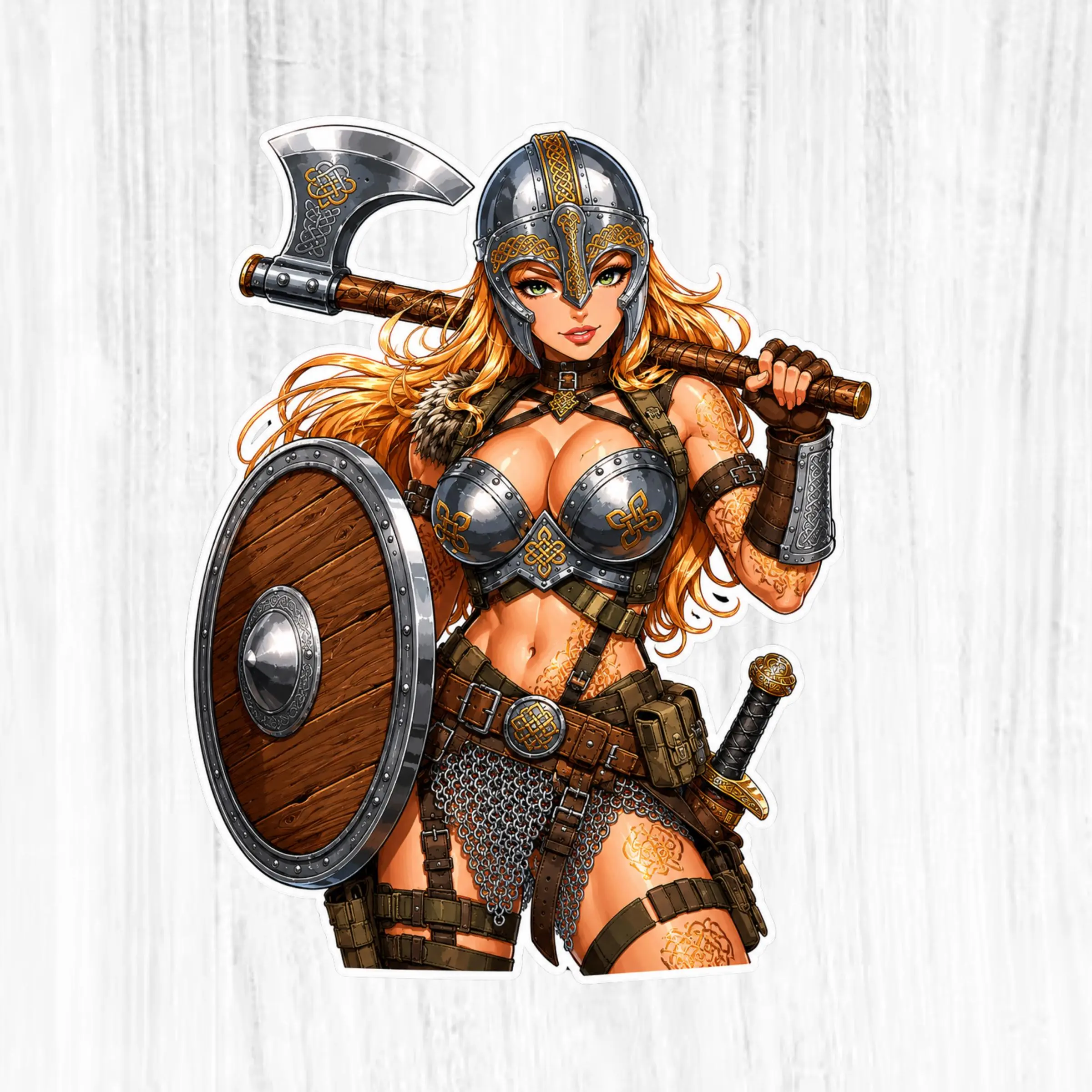 Viking Warrior Girl Vinyl Sticker, Fantasy Anime Shield Maiden Decal, Axe And Shield Battle Sticker