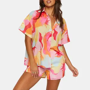 PrettyGarden Women‘’s Button Down Summer Outfit  Printed Short Sleeve 2-Piece Set  Vacation Tops Lounge Shorts Casual Tracksuit Set For Beach