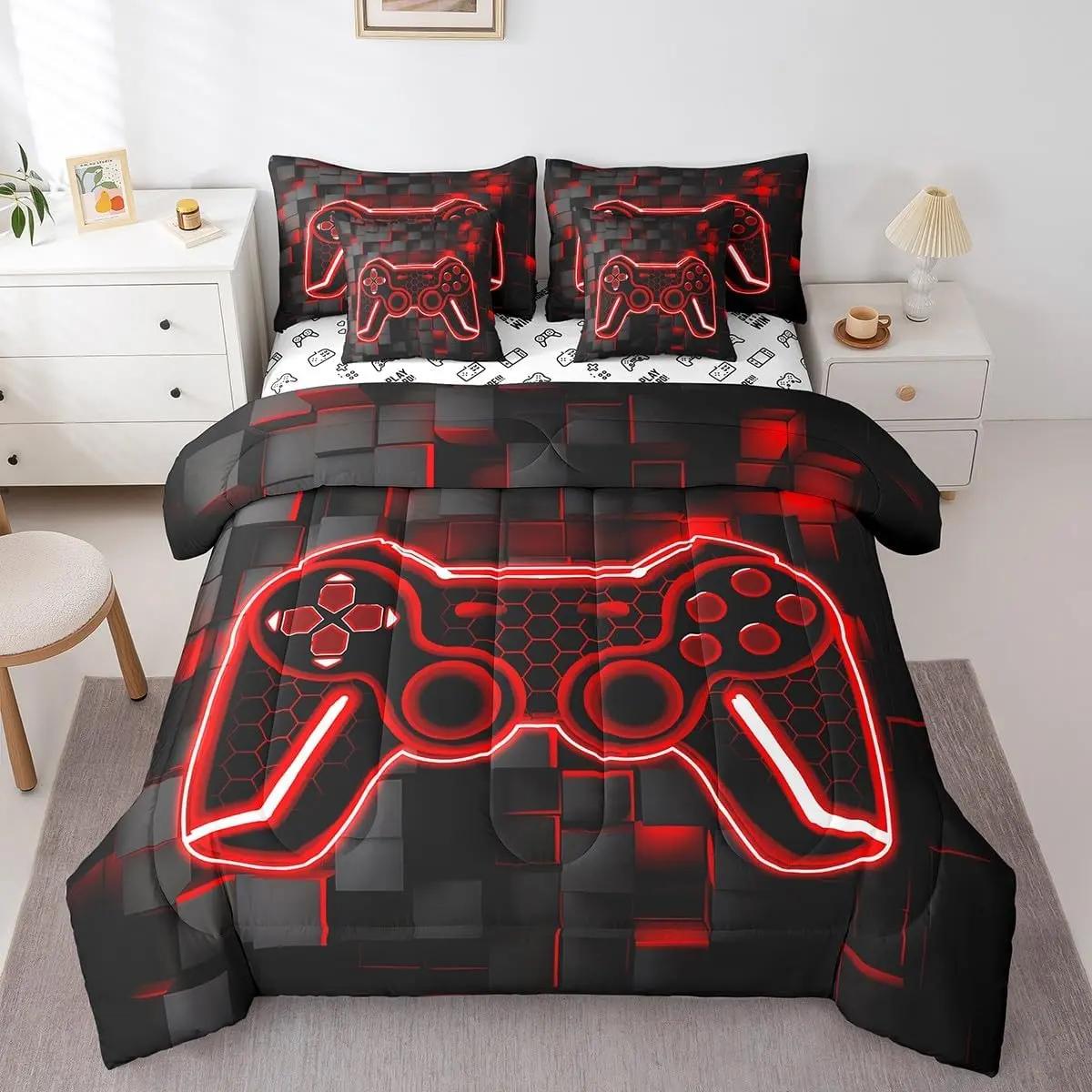 Feelyou 7-Piece Red and Black Ombre Geometric Square Breathable Quilt Set - Twin Microfiber Bedding in a Bag with Blanket, Sheets for Teen Gaming Room Decor