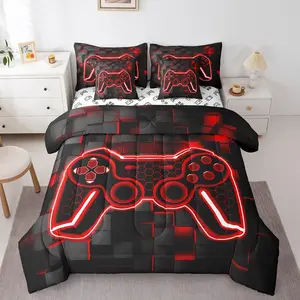 Feelyou 7-Piece Red and Black Ombre Geometric Square Gamer Bedding Set - Bed in a Bag with Breathable Microfiber Blanket, Sheets for Boys' Teen Gaming Room Decor, Breathable Blanket