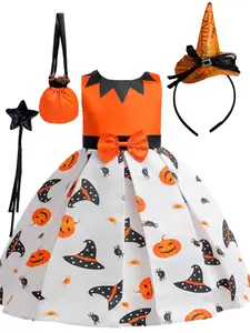 (Dress + all accessories) Halloween children's costume pumpkin hat print dress party princess dress girl festival dress