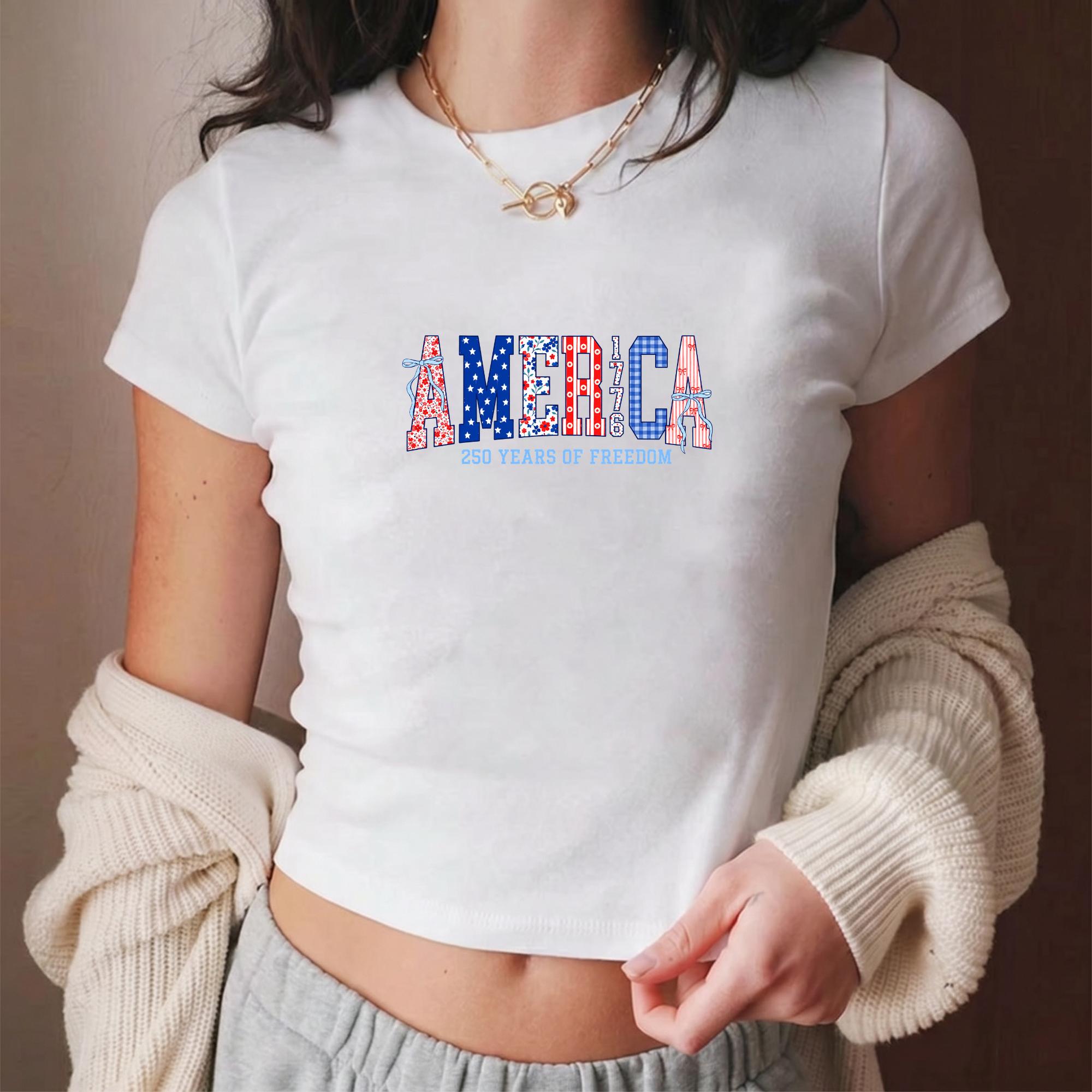 America 250 Years of Freedom Tee (Baby Tee), Patriotic USA Shirt, Independence Day Graphic Top, Fourth of July Outfit, Cute Fitted Tee