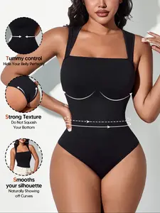 Women's Square Neck Thong Bodysuit Shapewear Shaper – Wide Strap Tummy Control Body Briefer, Seamless Strong Texture Base Layer Jumpsuit (Black)