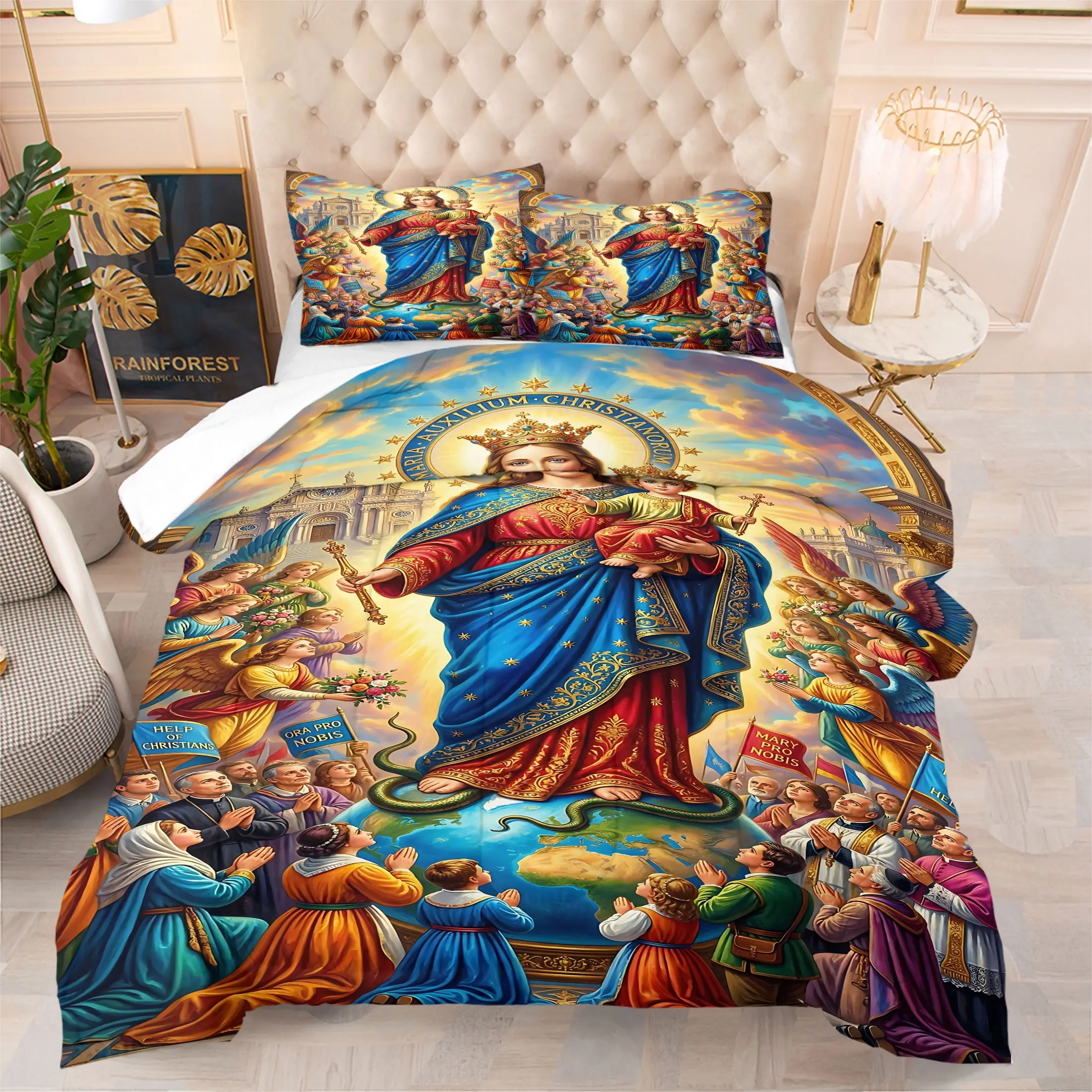 2/3Pcs Blessed Virgin Mary Holy Angels Comforter Set, Vintage Catholic Sacred Oil Painting Quilt Bedding Set with Pillowcases, Spiritual Faith Bedding for Christian Believers Families, Heavenly Bedroom Prayer Decor
