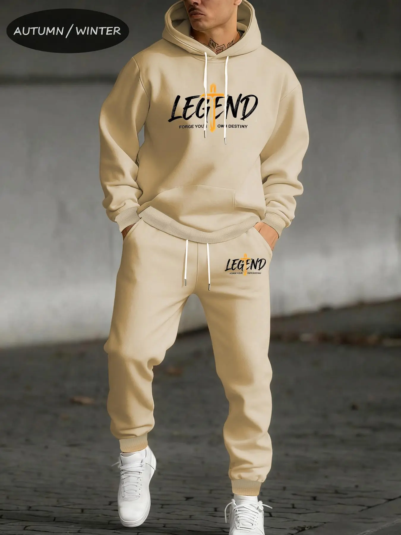 Men’s Autumn-Winter Hoodrich "From Nothing To Something" Tracksuit, Black. Bold Orange-Accented Logo, Warm Edgy Streetwear. Perfect for Casual Daily & Trendy Urban Outfits.