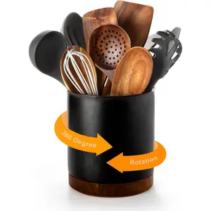 360 ° Rotating Large 7.2" Countertop Ceramic Utensil Crock, Cooking Utensil Organizer for Spatula Spoon, Farmhouse Kitchen Decor Ideal Christmas Gift, Stone Black