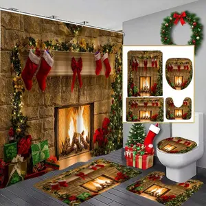 Christmas Fireplace Decoration Set, Classic Holiday Style with Socks, Garlands, Gift Patterns, Waterproof Shower Curtain & Bath Mat Trio