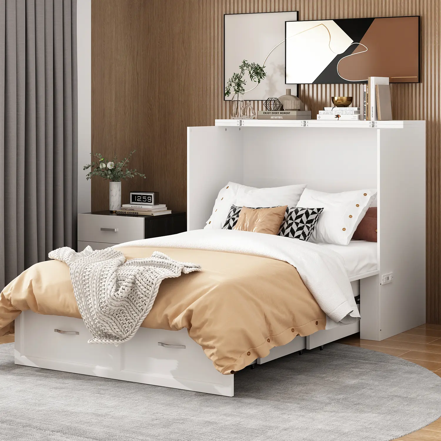 FUFU&GAGA Twin Murphy Bed with Built-in Charging Station, Space-Saving Murphy Bed Chest with Drawer, Foldable, for Home Office Guest Room Bedroom