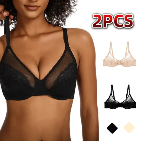 Women's EssElegance Basic Minimizer Bra - 1/2PCS, Underwire, Unlined Unpadded Full Coverage, Breathable Mesh Cup, Spandex Blend, Black & Beige, V-Neck, Elegant Aesthetics Style, Machine Wash, 34C Bras for Women