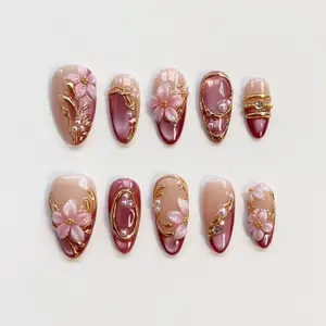 3D Pink Blooming Flower Nails/press on nails long almond nails/Elegant nails