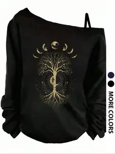 Women's Minimalist Fitted Long Sleeve Asymmetrical Neck Spaghetti Strap Top, Moon Tree Print, Comfortable Casual Wear for All Seasons Womenswear
