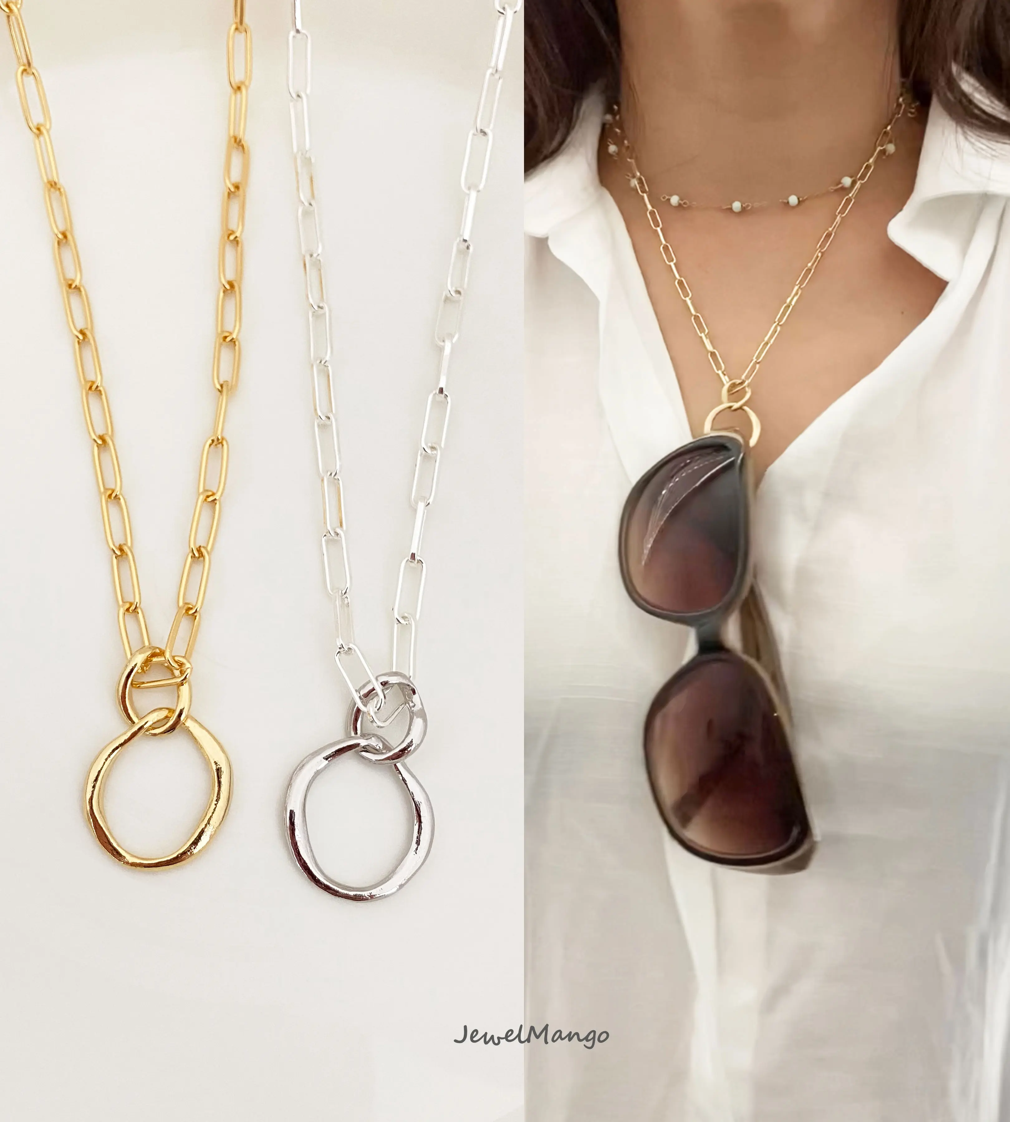 Eyeglasses Chain in Gold Paper Clip, Perfect Layering Link Necklace, Adjustable Silver paperclip Reading Glasses Holder, Sunglasses holder, modern and stylish eyeglasses chain