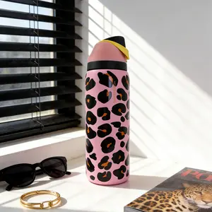 Black and Pink Leopard Print 32oz Stainless Steel Water Bottle with Straw Keeps Drinks Hot Cold Ideal for Leisure Work Sports Indoors Outdoors Gift for Students Office Workers