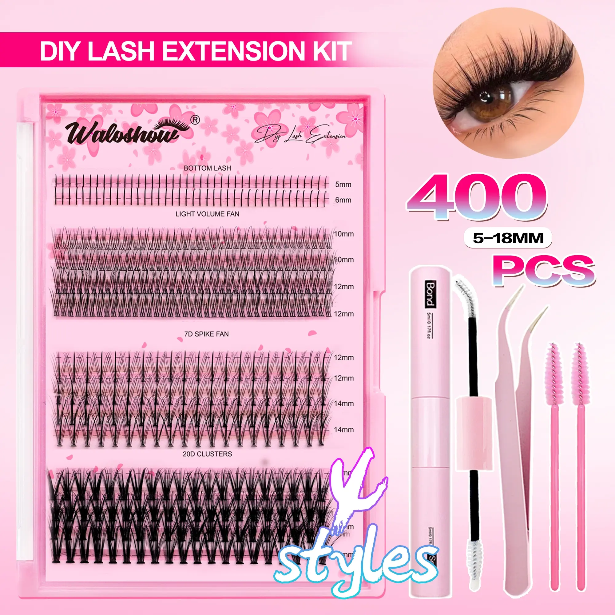 DIY Eyelash Extension Kit, Diy Volume Eyelashes, Includes 480 False Lashes, 4 Styles, Comes with Tweezers, Glue, and 2 Brushes, Russian Roll D Curl