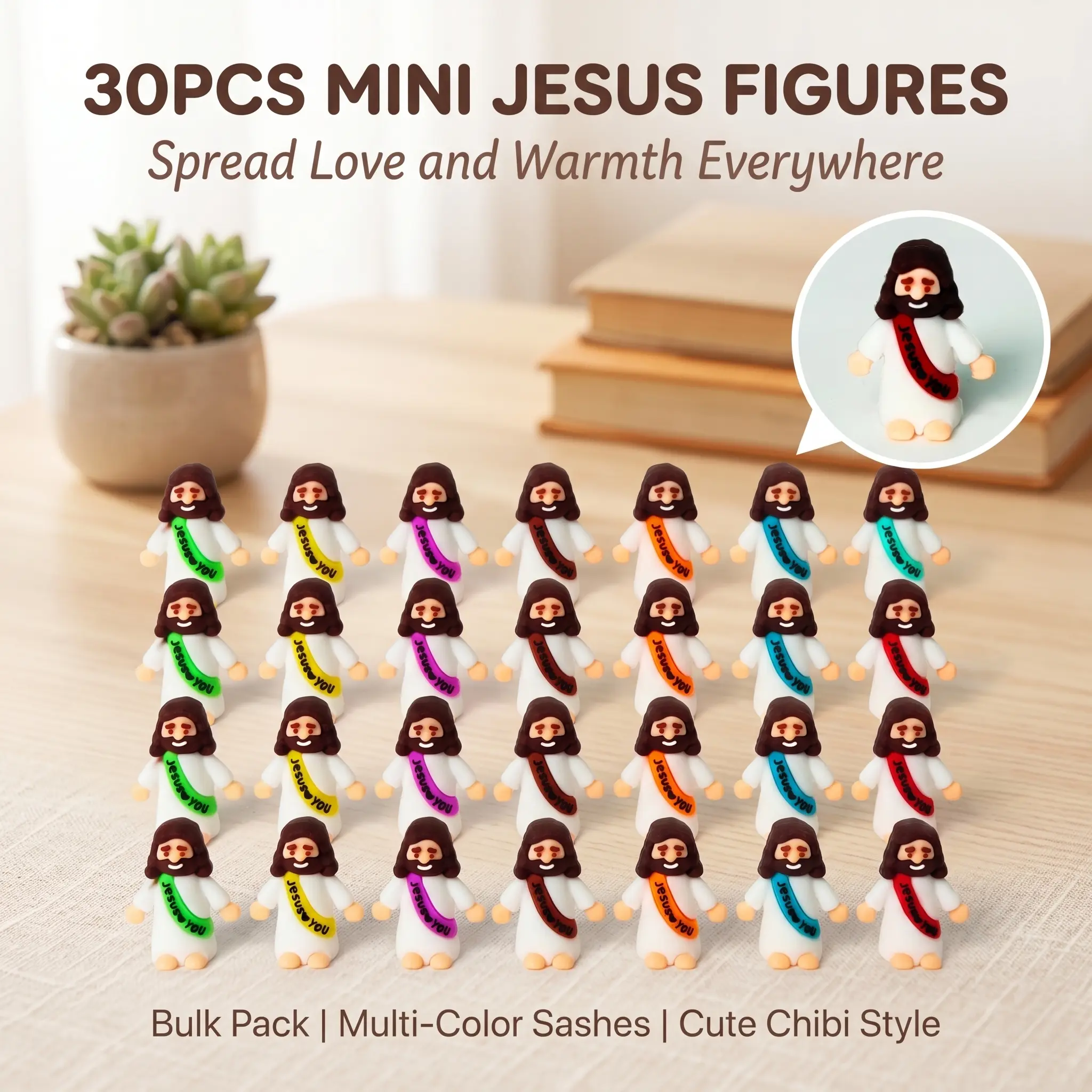 Bememo 30 Pcs Little Jesus Figures Original Design Jesus Love You Mini Rubber Toys to Hide and Seek Christmas Religious Party Favors Sunday School Baptism Gifts(Lively Colors)