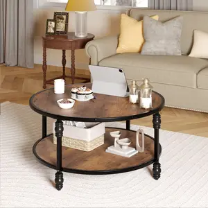 Round Coffee Table for Living Room Rustic Center Table with Storage Shelf Wood Circle Coffee Table with Sturdy Metal Legs, Easy Assembly