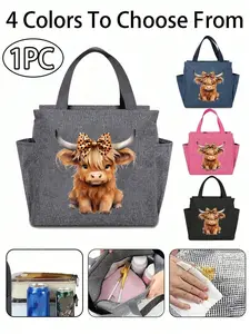 Cute Leopard Bow Highland Cow Thermal Lunch Bag, Large Capacity Dual Pocket, Portable Picnic Cooler Box for Work Office Vacation