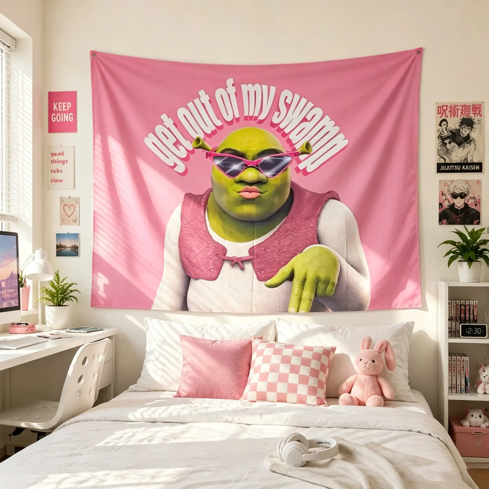 Funny Shrek Pink Tapestry Get Out Of My Swamp Meme Tapestry Wall Hanging Dorm Backdrop Home Decor for Bedroom Living Room Decorative Landscape Table Light Peach Velvet