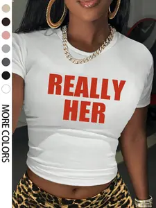Women's Really Her Printed Round Neck Crop Tee, Everyday Casual Short Sleeve Crew Neck T-shirt for Daily Wear, Ladies Sleepwear for Summer, Top, Womenswear