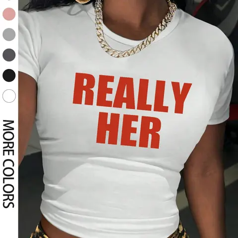 Women's Really Her Printed Round Neck Crop Tee, Everyday Casual Short Sleeve Crew Neck T-shirt for Daily Wear, Ladies Sleepwear for Summer, Top, Womenswear