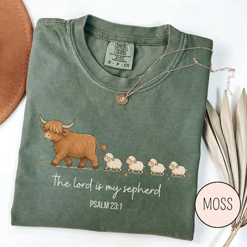 Comfort Colors Highland Cow Christian T-shirt, Highland Cow Bible Shirt, The Lord Is My Shepherd Tee, Psalm 23:1 T-shirt, Country Faith Gift