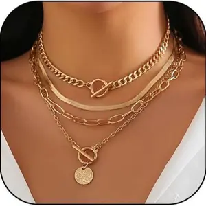 Layered Gold Chain Necklace for Women, 3PCS Chunky Herringbone Paperclip Toggle Necklaces with Coin Pendant, Trendy Stackable Jewelry for Daily & Party, Perfect Birthday Gift