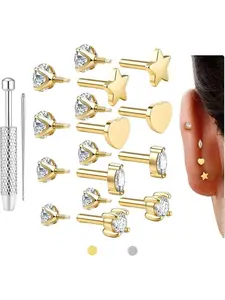 Reversible Flat Back Earrings Studs Hypoallergenic - 14K Gold Filled Steel Earring 18G Cartilage Helix Tragus Conch Piercing Jewelry Extended Internal Thread Earrings for Women Men Heart Shaped Earrings Gold Earrings Set