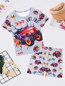 Boy's All Over Print Short Sleeve Tee & Shorts Pajama Set, Casual Comfy Two-piece Pj Set, Kids Sleepwear for All Seasons, Cartoon Print Pajama