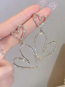 1 Pair Fashion Elegant Rhinestone Decorated Hollow Heart Design Dangle Earrings, Fashion Jewelry for Party, Daily Clothing Decor, Trendy All-match & Exquisite Jewelry for Birthday Gift