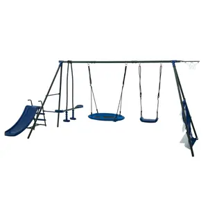 6-Function Outdoor Swing Set Grey & Blue - 440lbs Capacity Safe Metal Playset with 31.5in Net Swing, 1.2m Mini Slide, Face-to-Face Swing, Basketball Hoop & Soccer Net, Durable Kids Playground Equipment for Age 3+ Easy Assembly