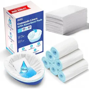 60 Packs Leak-Proof Disposable Commode Liners with 60 Absorbent Pads, Fits All Bedside Toilet Chairs, Portable Potty Liners for Home Medical Use, No Mess Cleanup