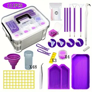 Diamond Painting Tools Carrying Case with 48 Compartments, Diamond Bottle, Elbow, Spotting Pen, Round Clay Funnel, Spotting Disc Set Purple Tool Kit Embroidery Craft Embroidery Machine Thread Diamond Painting Storage Set