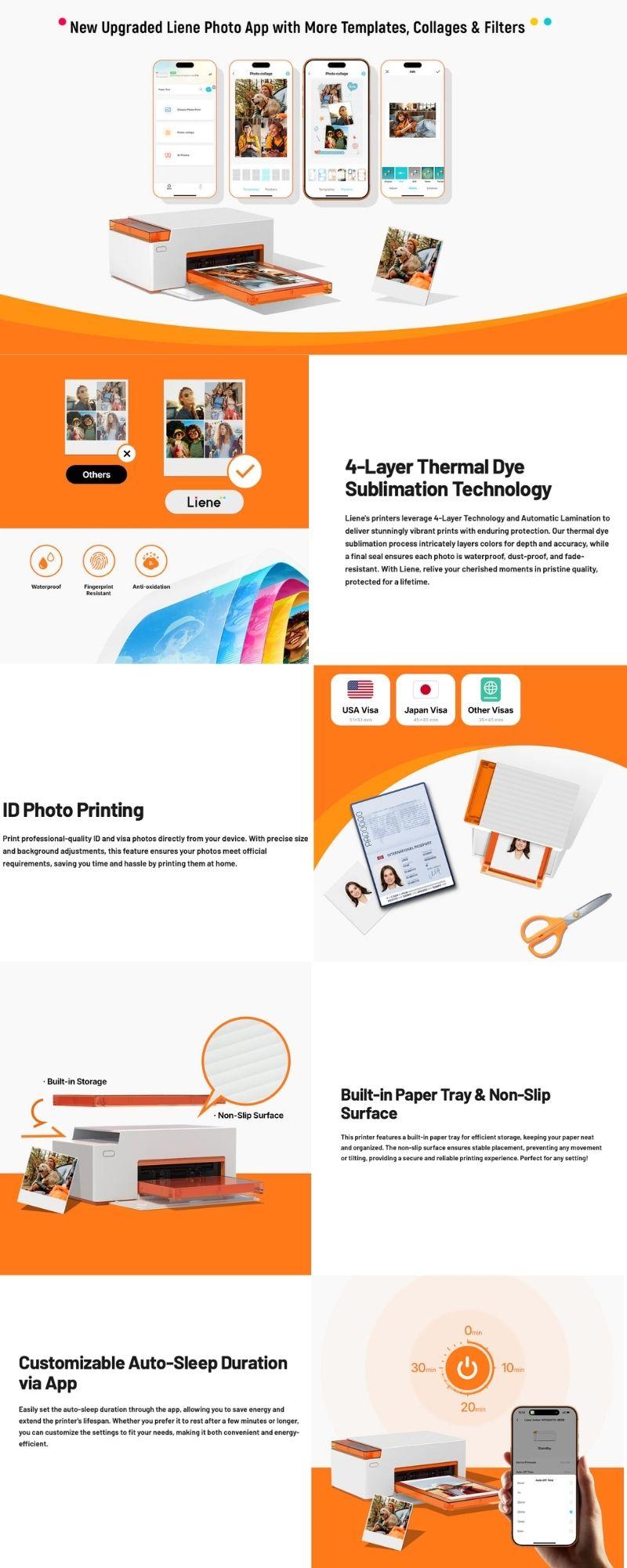 Liene Amber M110 Instant Bluetooth Photo Printer 80 Sheets, Photo Printer for iPhone, Thermal Dye Sublimation, Picture Printer 60 Sheets 4x6 Paper & 20 Sheets 3" Square Sticker Paper & 2 Cartridges, New Drops