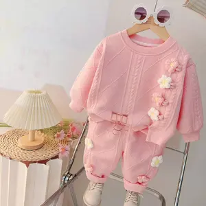 A two-piece baby girl outfit, including a cute 3D floral long-sleeve sweatshirt and sweatpants, is perfect outdoor wear in spring and autumn