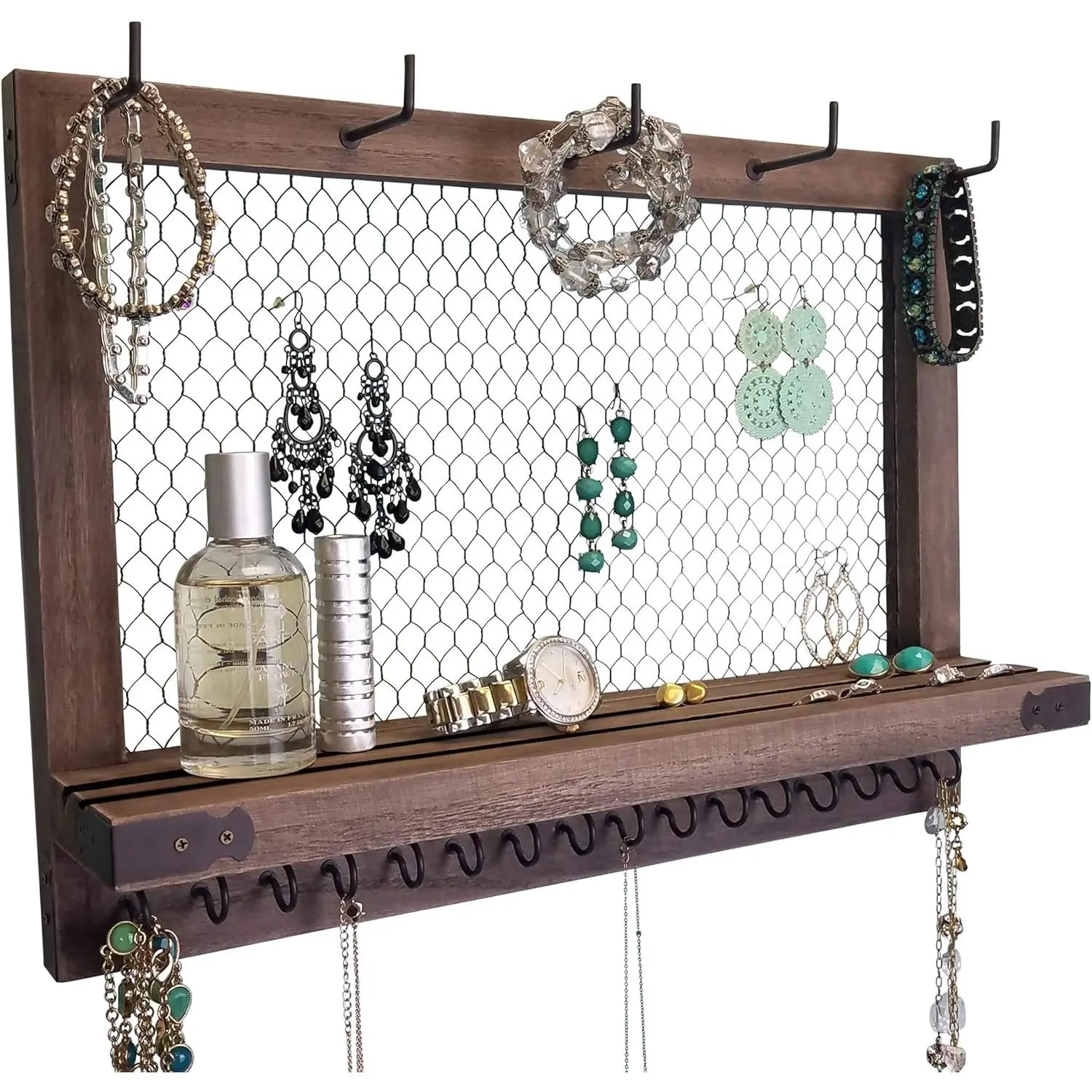 Large Farmhouse Wall  Organizer (Espresso) | Wall Organizer For Earrings, Necklace, Bracelet, Hair Accessories | Chicken Wire Earring Holder | For Women, Wife, Mom, Girlfriend