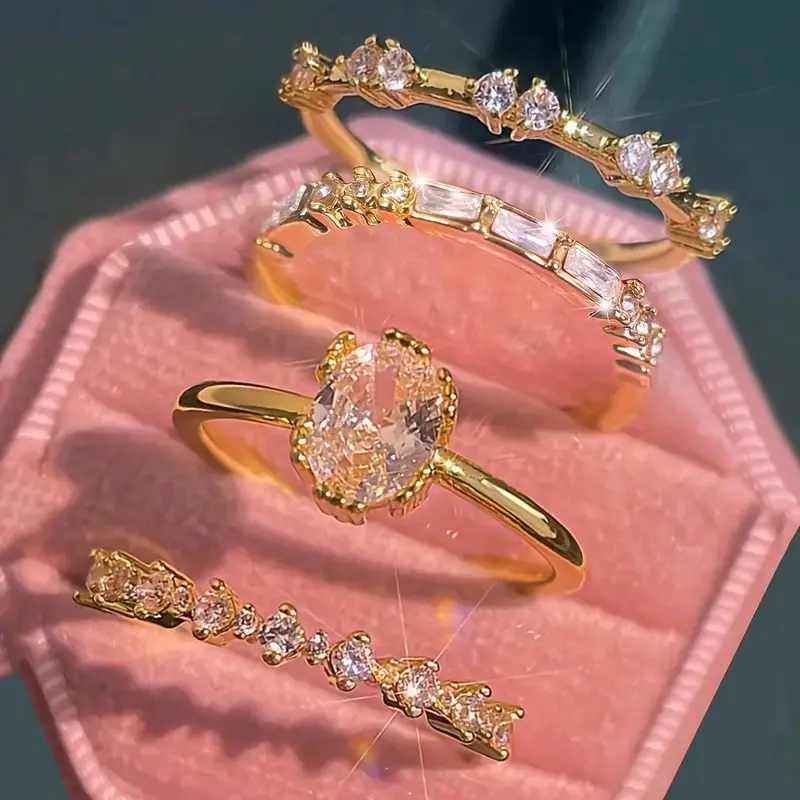 Elegant Gold Tone Ring Set for Women, 4-Piece Stackable Everyday Jewelry with Sparkling Zirconia, Rectangular Design, US Sizes 5-11, Rings For Women