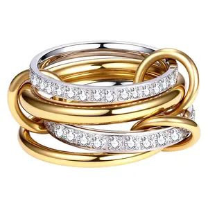 14K Gold Cubic Zirconia Rings Two-tone Stacking Multi-rings Stainless Steel Jewelry for Women Non Tarnish